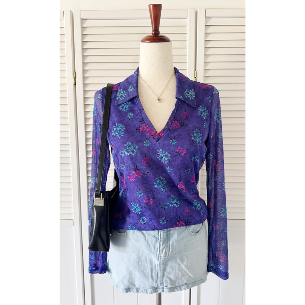 Sarah Kent Y2K Purple Flower Patterned Collared Blouse Top